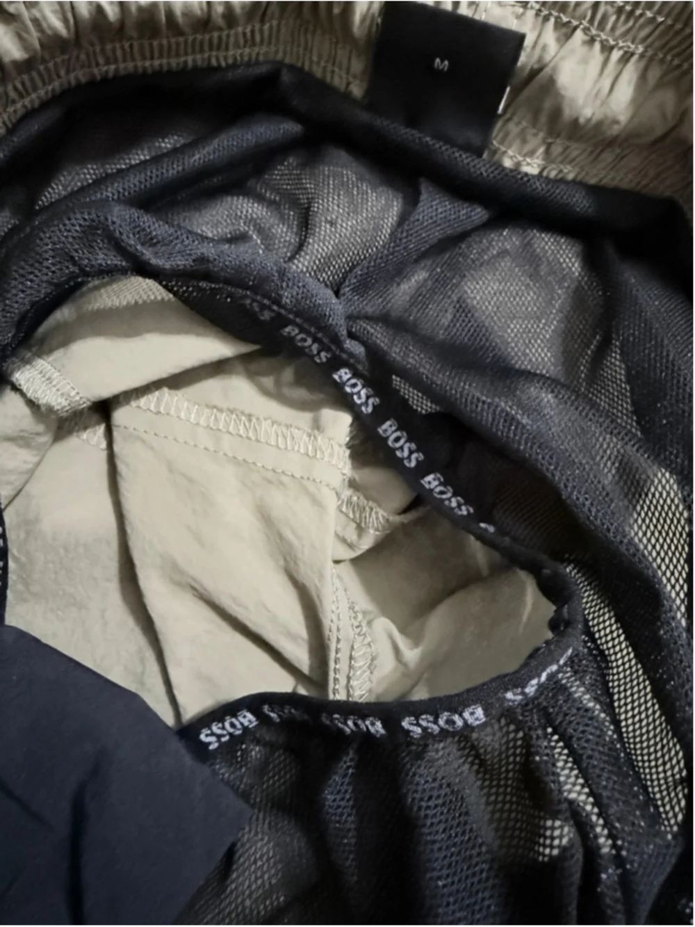 Men's BOSS Army GreenSwim Trunks with Black Logo - Size M EUC